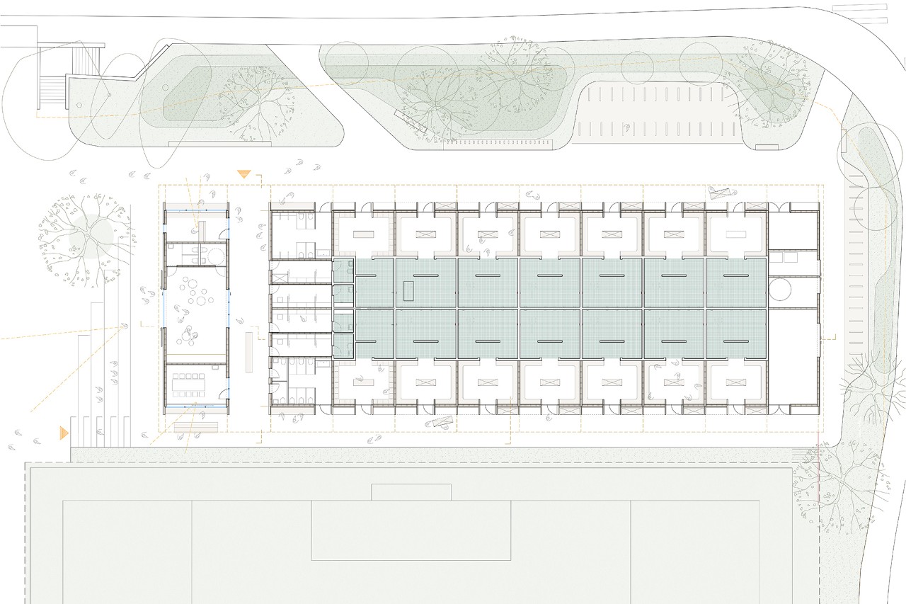 Visualisierung Garderobengebäude Juchhof Siegerprojekt EQUIPE ‒ Grundriss Erdgeschoss (Plan: Angie Müller-Puch, Johannes Müntinga, Stefan Behnisch)